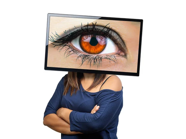 Velké ženské oko na televizní obrazovce vypadá izolovaně. Velký bratr tě sleduje. Koncepční obraz. — Stock fotografie