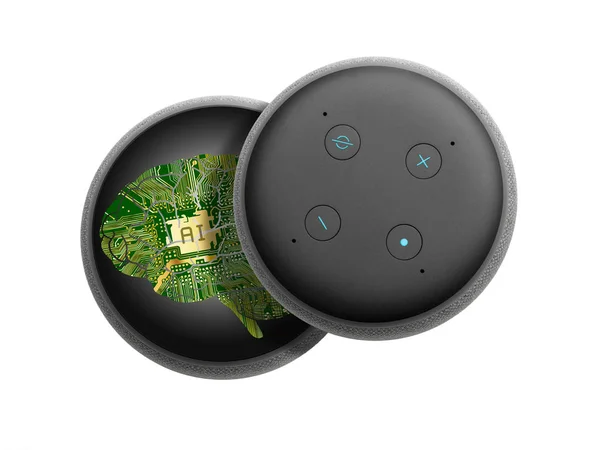 Smart speaker top view with articial intelligence brain circuit inside isolated on white. — Stock Photo, Image