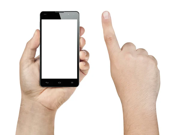 Крупним планом рука тримає і показує смартфон або мобільний з порожнім екраном і індексним пальцем, готовим до натискання ізольовано на білому . — стокове фото