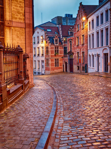 Old Streets of Bruxelles Belgium illuminated at dusk or dawn