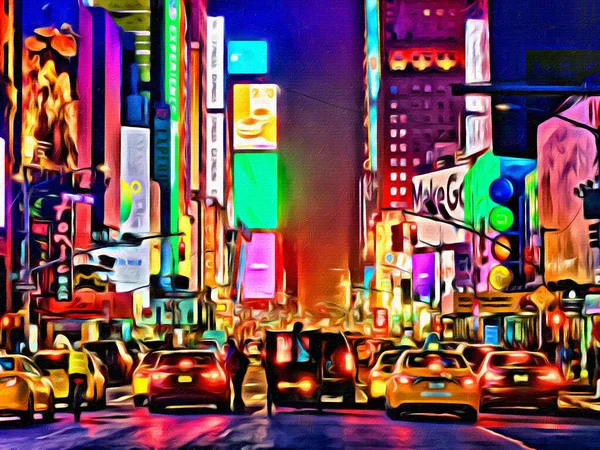 美国纽约的霓虹灯 画在帆布黄色出租车上 晚上在市中心广场上的交通 — 图库照片