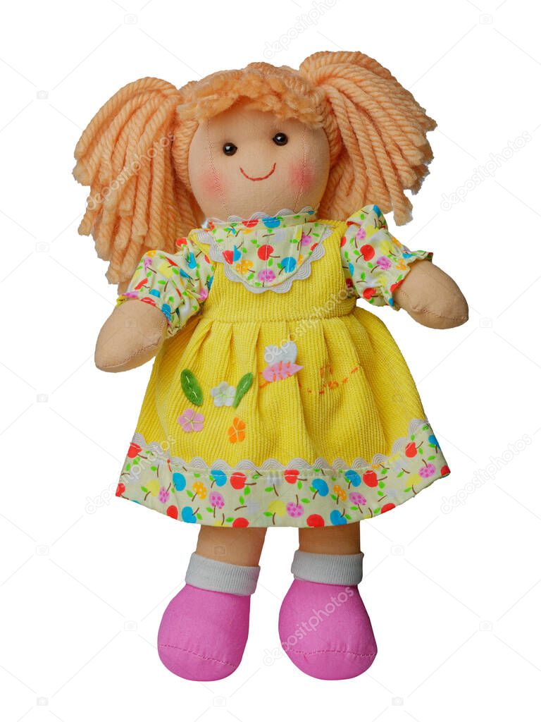 Smiling standing Cute rag doll isolated on white
