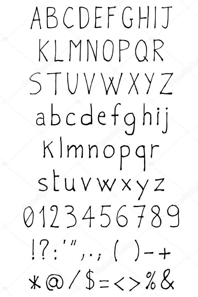 alphabet letters font set handwritten style, regular uppercase, lowercase and numbers. vector illustration