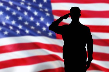 Soldiers silhouette saluting the USA flag for memorial day or veterans day clipart