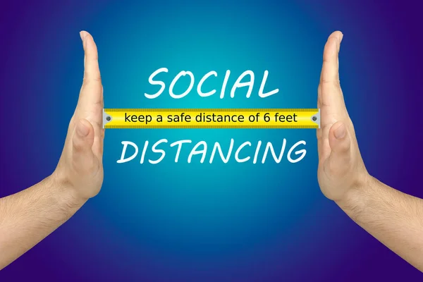 male hands measure or show social distance of 6 feet concept