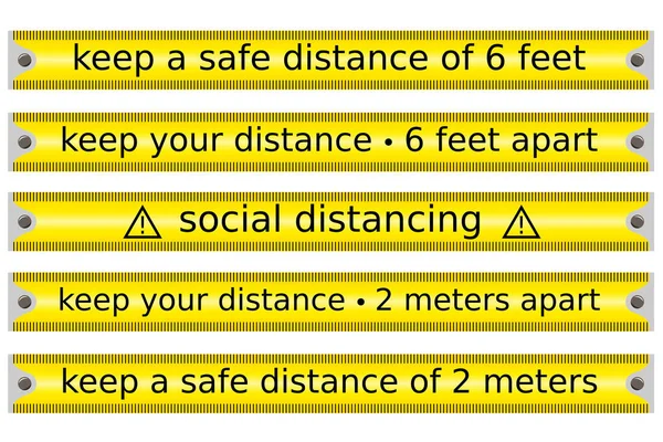 発生期における社会的または安全な距離に関する黄色の測定テープのセット — ストックベクタ