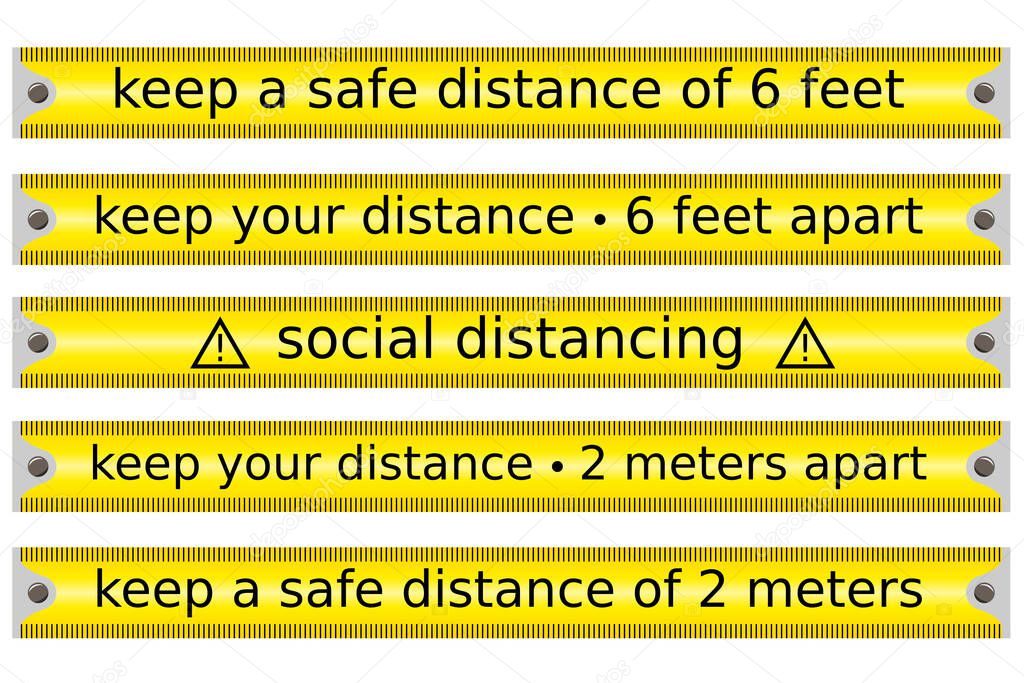 set of yellow measuring tape concerning social or safe distancing in an outbreak period vector isolated