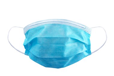 Yüzü virüsten korumak için ağız ve burnu plastik kulaklıklarla izole edilmiş ameliyat maskesinin ön görüntüsü.