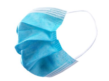 Yüzü virüsten korumak için ağzı ve burnu plastik kulaklıklarla izole edilmiş cerrahi maske.