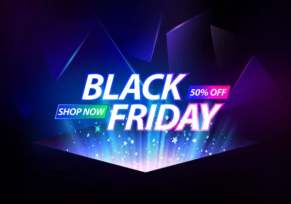 Μαύρο Friday Sale Banner. Οι μπλε ακτίνες ανεβαίνουν στο σκοτεινό φόντο. Εικονογράφηση διαφήμισης διανύσματος — Διανυσματικό Αρχείο