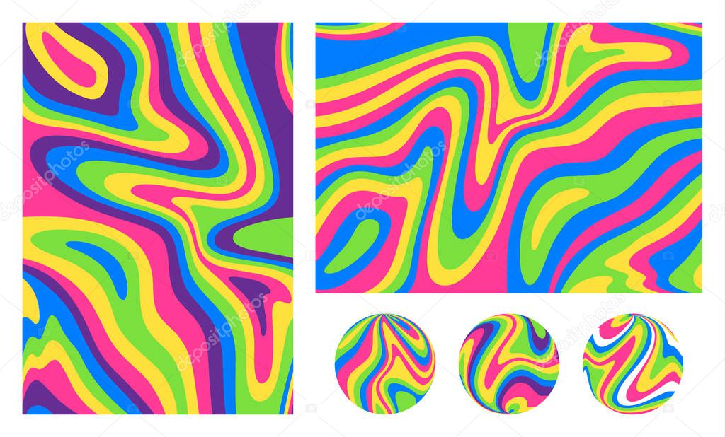 Abstract Acid Colorful Backgrounds. Vector Psychedelic Neon Patterns. Soap Bubble and Gasoline Stains Illustration