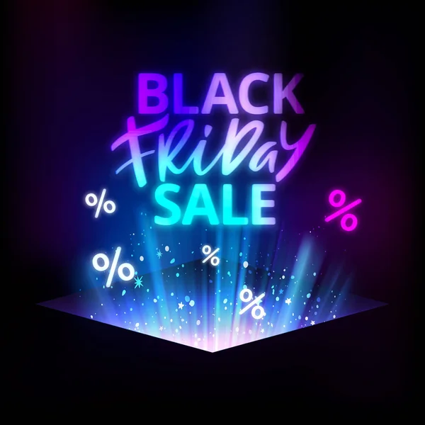 Banner zum Black Friday Sale. Leuchtender Text auf dunklem Hintergrund. Vektorwerbung Stockillustration