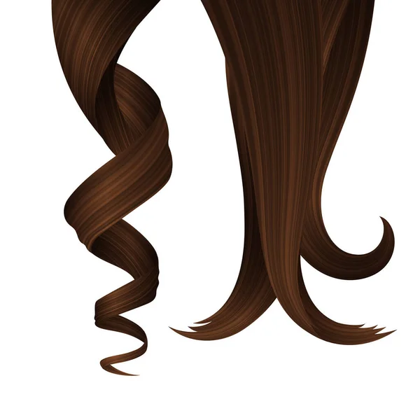 Seperangkat Brunette Wavy Strands of Hair. Vektor Realistik 3d Illustration. Elemen Desain untuk Penata Rambut - Stok Vektor
