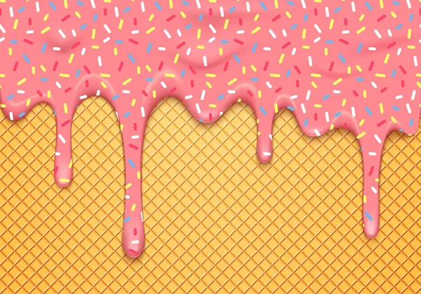 Illustrazione vettoriale con smalto rosa gocciolante con spruzzi colorati su cialde. Astratto 3d Sfondo alimentare — Vettoriale Stock
