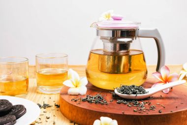 Cam çaydanlık ve bardak yeşil çay