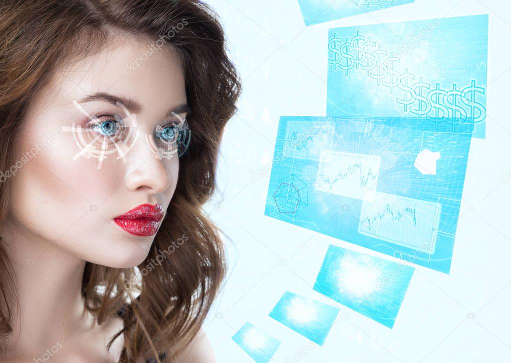 Young woman looking with futuristic smart glasses