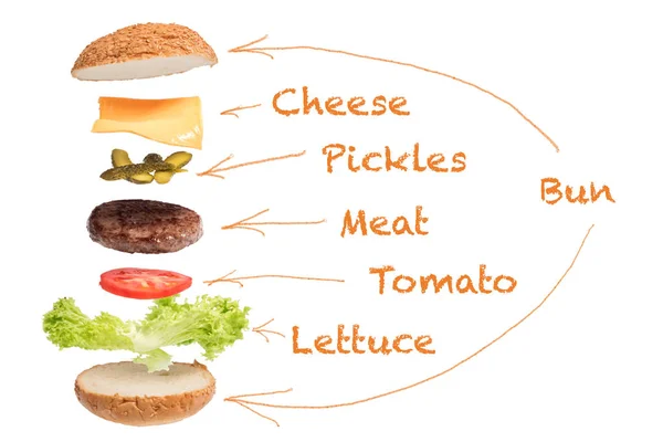 Hambúrguer grande com ingredientes voadores . — Fotografia de Stock