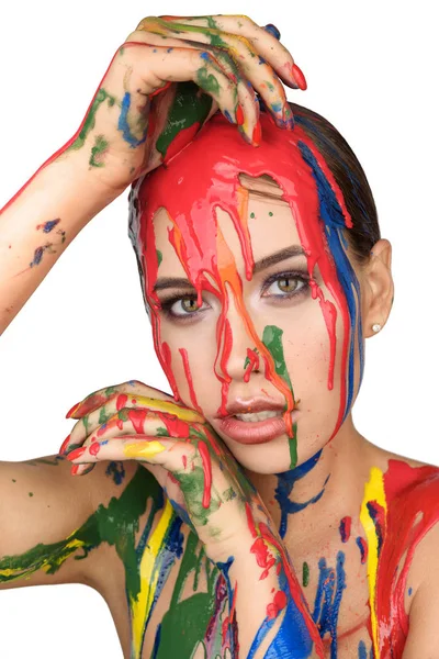 Colours paint dripping down on face. — Stock Photo, Image