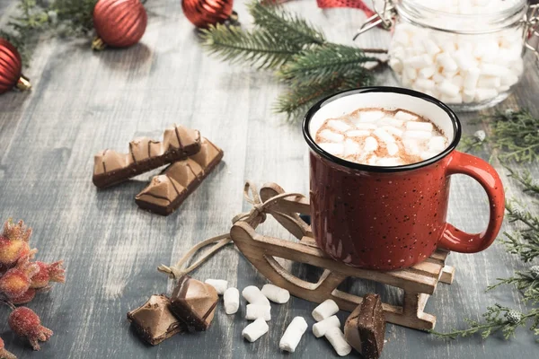 Cup of cocoa on grey wooden background. — Stock Photo, Image