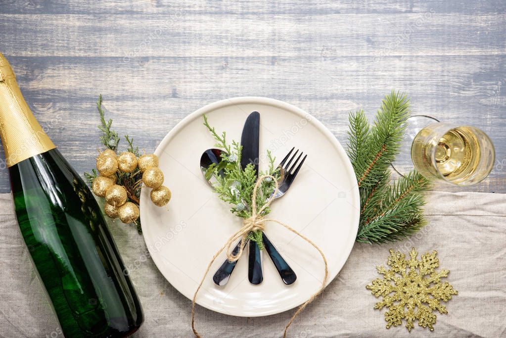 Christmas meal table setting design, flat lay. 