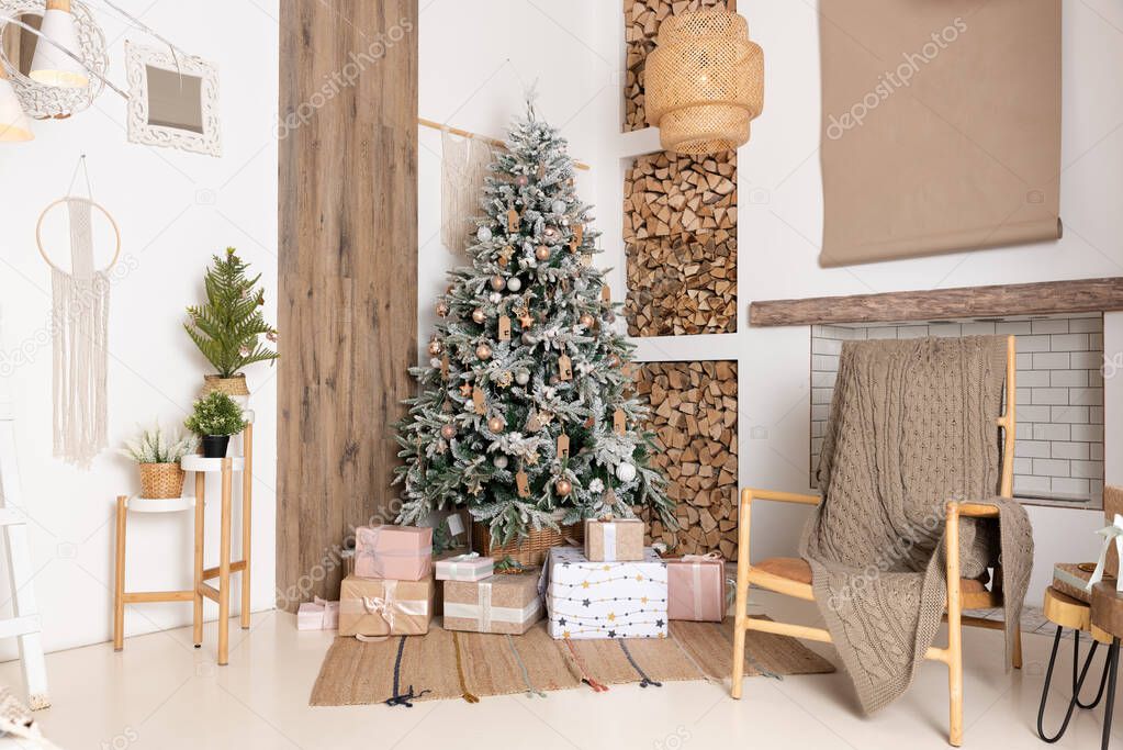 Decorated Christmas living room interior with beautiful fir tree.