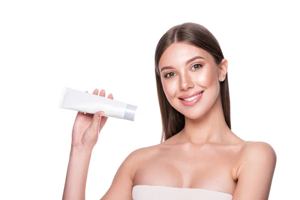 Een Mooie Vrouw Presenteert Een Advertentie Product Model Meisje Met — Stockfoto