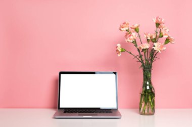 Laptop, beyaz masada, vazoda güzel pembe karanfil çiçekleri olan bir maket hazırlıyor. Pastel gül arkaplanı, metin için alanı kopyala