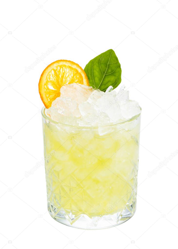 Gin basil smash alcoholic classic cocktail in a glass isolated on white background