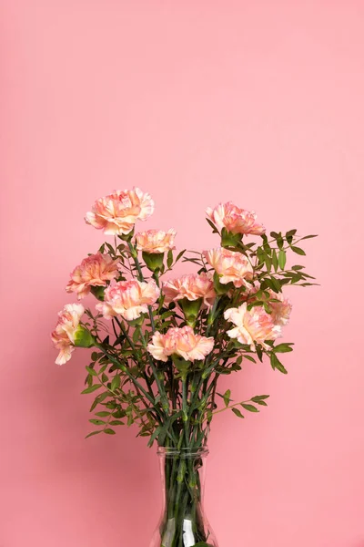 Vase with a beautiful pink carnation flower on white table. Pastel rose background, copy space for your text