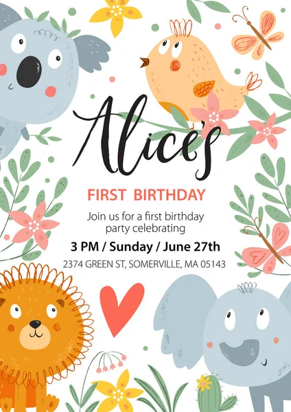 Cartoon cute baby animals. Vector Happy birthday invitation card. Hand drawn kids characters: koala, lion, bird, elephant, flowers. Baby shower card. Nursery art background. Childish illustration.