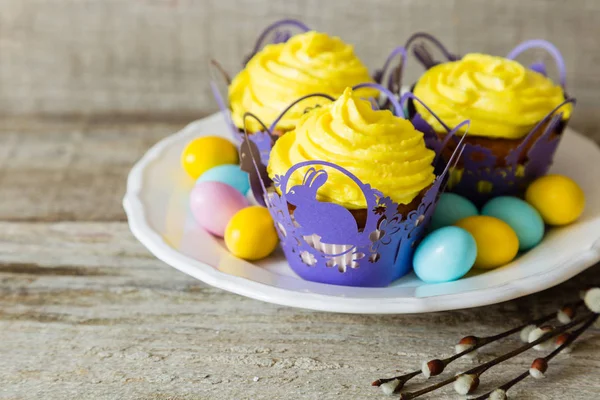Cupcakes de Páscoa com ovos e salgueiro flaffy — Fotografia de Stock