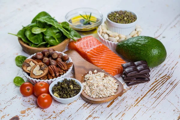 Selection of nutritive food - heart, cholesterol, diabetes — Stock Photo, Image