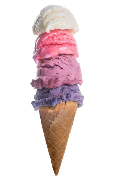 Stack of colourful ice cream scoops in a cone — Stock Photo, Image