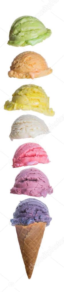 Flying colourful ice cream scoops in a cone