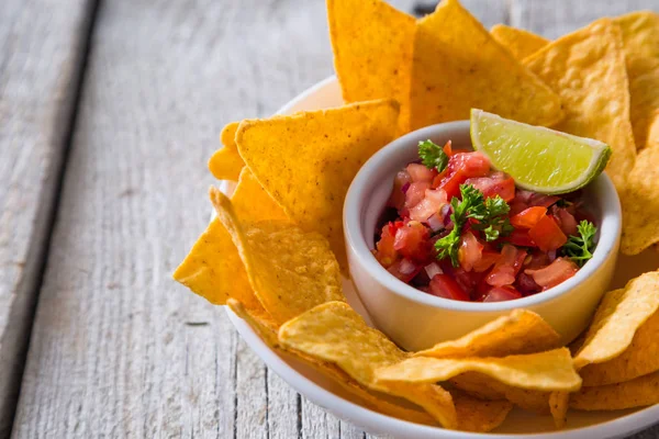 Nachos and salsa sauce ingredients — Stock Photo, Image