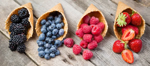 Выбор летних ягод в рожках мороженого — стоковое фото