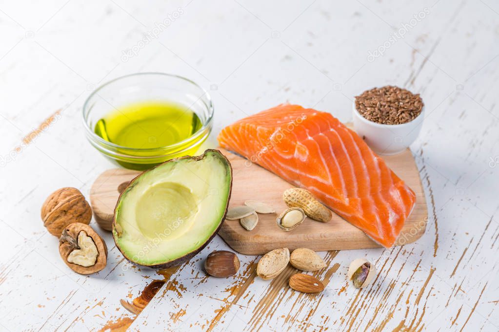 Selection of good fat sources - healthy eating concept. Ketogenic diet concept