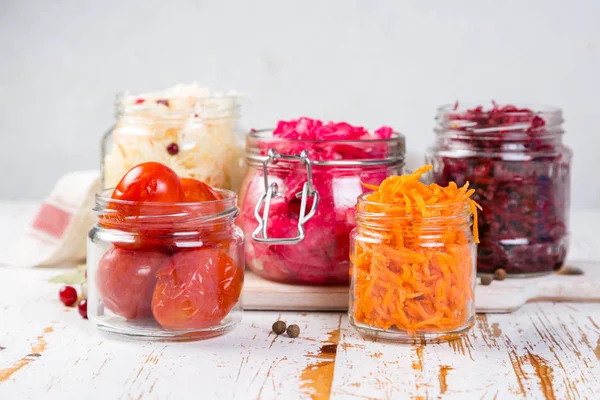 Selection of fermented food - carrot, cabbage, tomatoes, beetroot, copy space — Stock Photo, Image