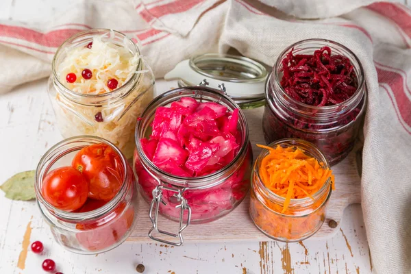 Selection of fermented food - carrot, cabbage, tomatoes, beetroot, copy space