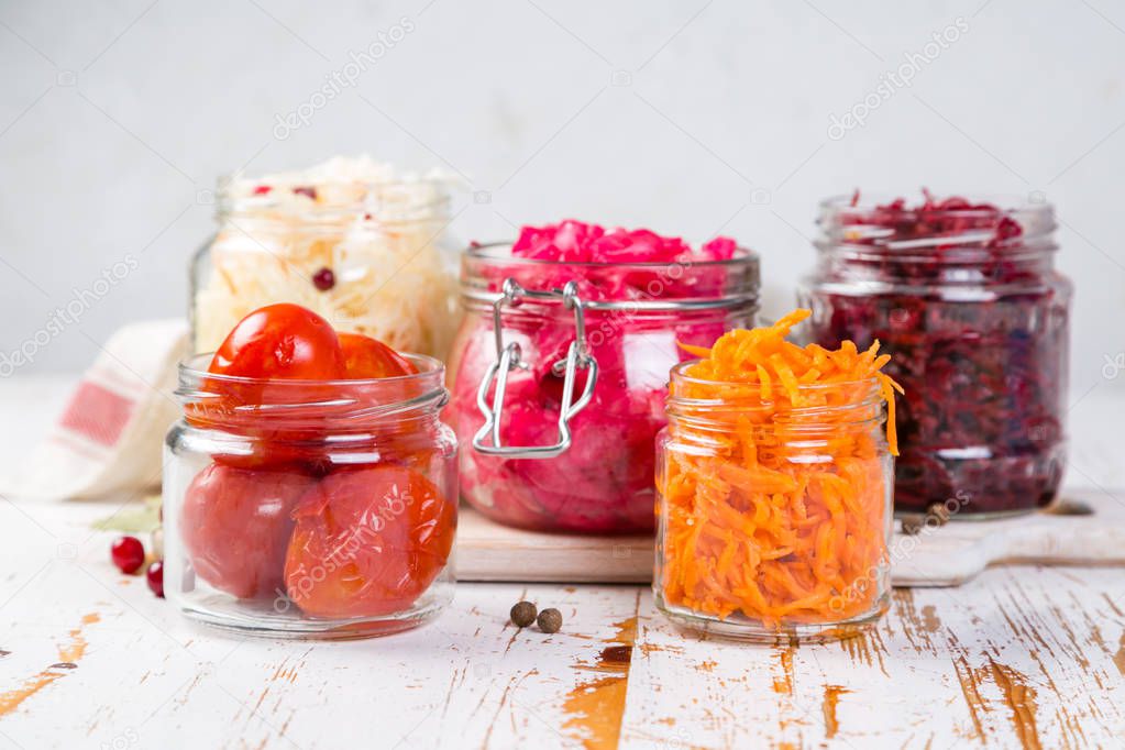 Selection of fermented food - carrot, cabbage, tomatoes, beetroot, copy space