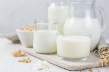 Non-süt süt alternatifleri farklı şişelerde seçimi. Laktoz süt. sağlıklı yaşam konsepti
