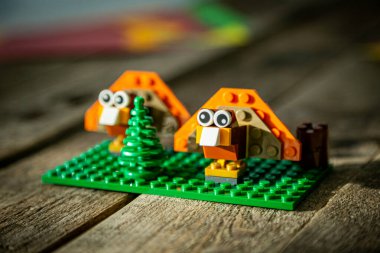 Şükran Günü gemisi - Tahta arka planda lego hindisi