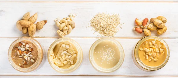 너트 버터-땅콩, 캐슈, 아몬드, 참 깨 씨앗의 선택 — 스톡 사진