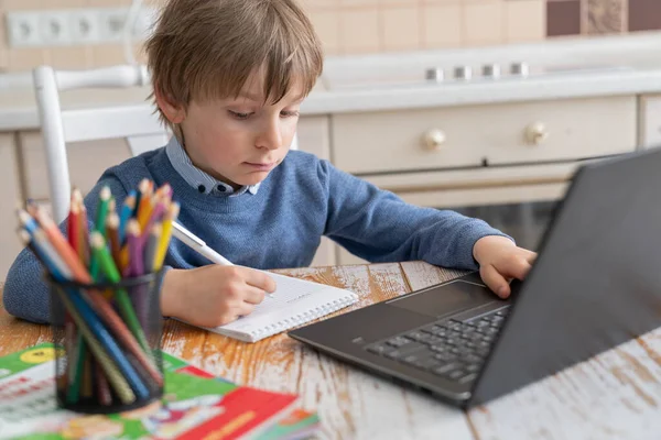 Boy studying home online while school is closed