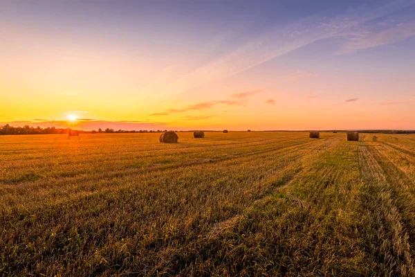 Sahada günbatımı manzarası Sonbahar güneşli akşamlarda samanlıklarla. — Stok fotoğraf