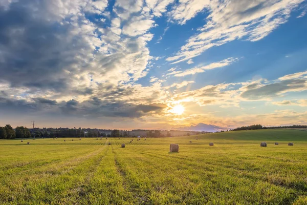 Ein Feld mit Stapeln auf einem Sonnenuntergang. — Stockfoto