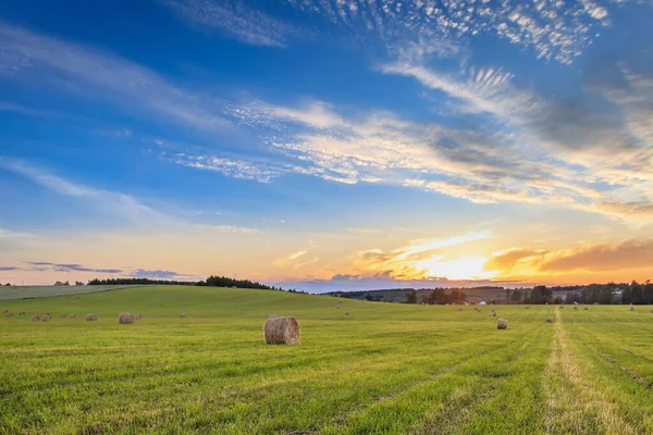 Ein Feld mit Stapeln auf einem Sonnenuntergang. — Stockfoto
