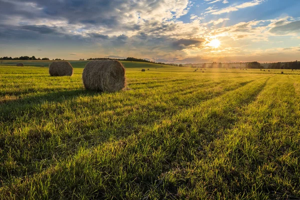 Um campo com pilhas em um pôr do sol . — Fotografia de Stock