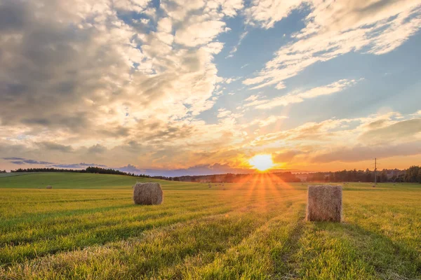 Um campo com pilhas em um pôr do sol . — Fotografia de Stock