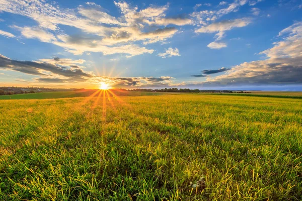 Solnedgång på odlad mark på landet en sommar. — Stockfoto